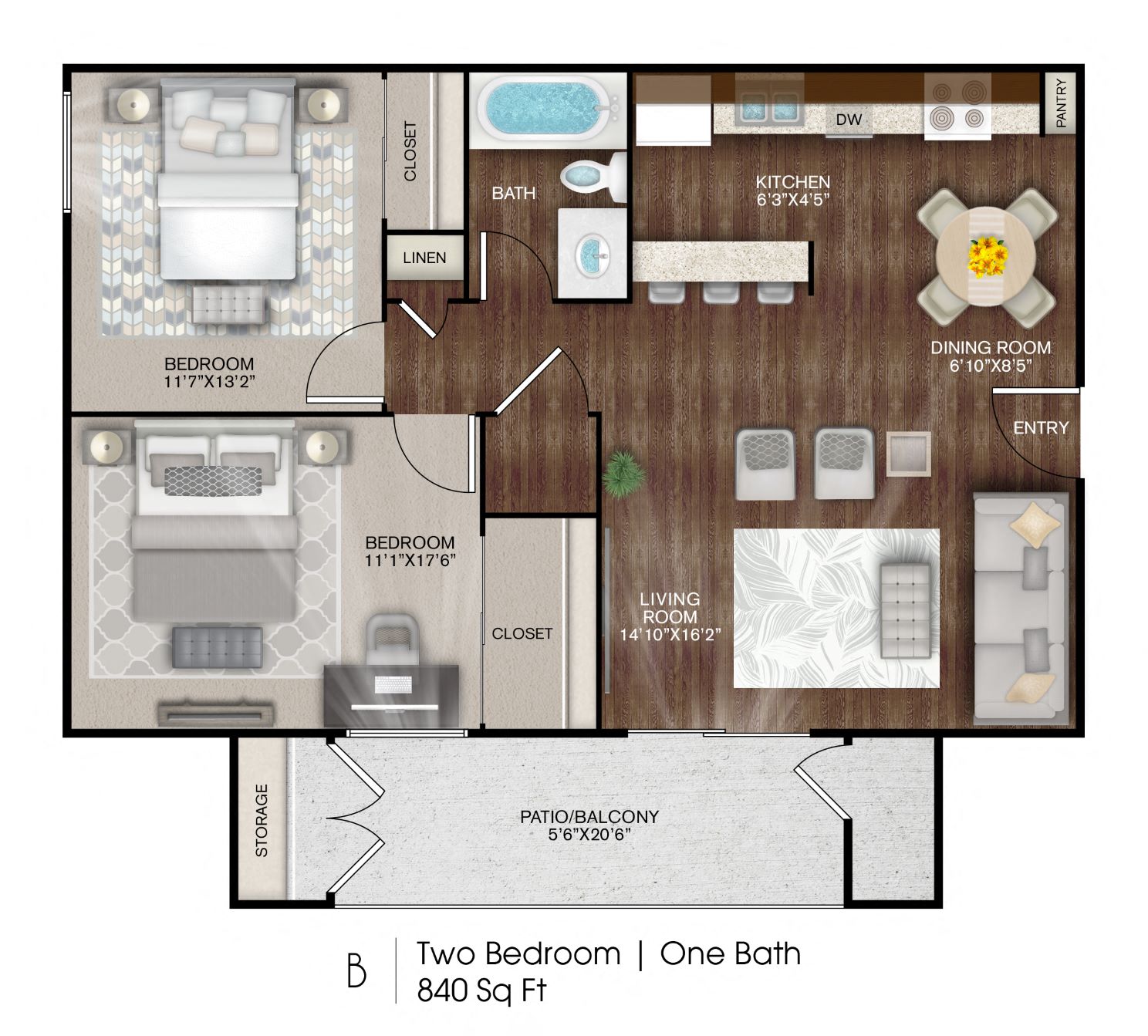 Floor plan for 2 beds, 1 bath, 840 sqft